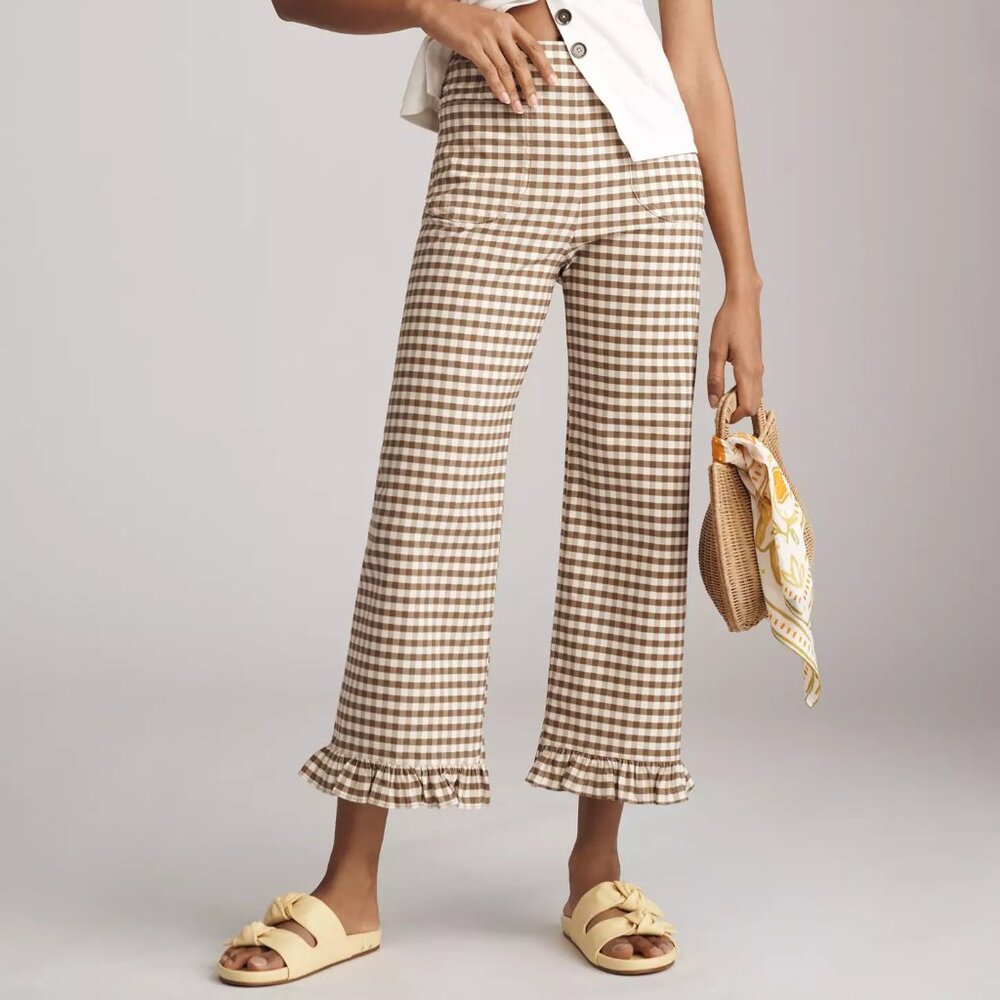 Maeve Anthropologie Colette Brown Gingham Pants 28